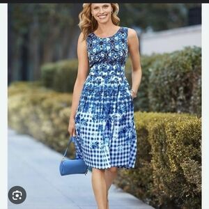 Talbots, Blue Floral and Checkered Midi Dresses,Size 14